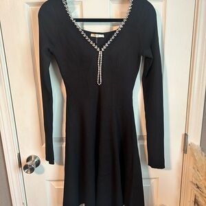 Rhinestone-Trim Long Sleeve Black Dress
